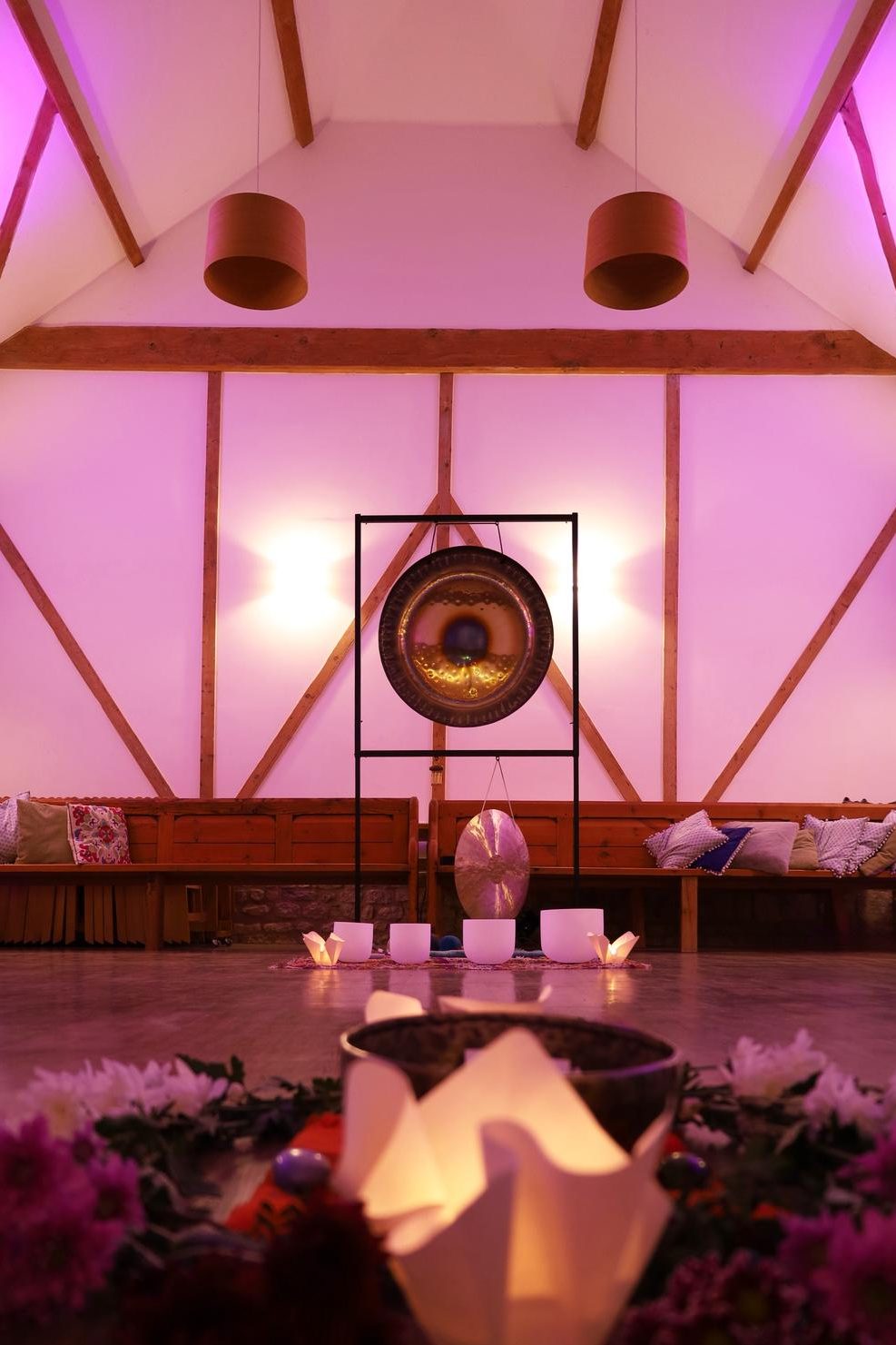A picture of a sound meditation set up in the barn at lopemede farm. One of the Firelight events