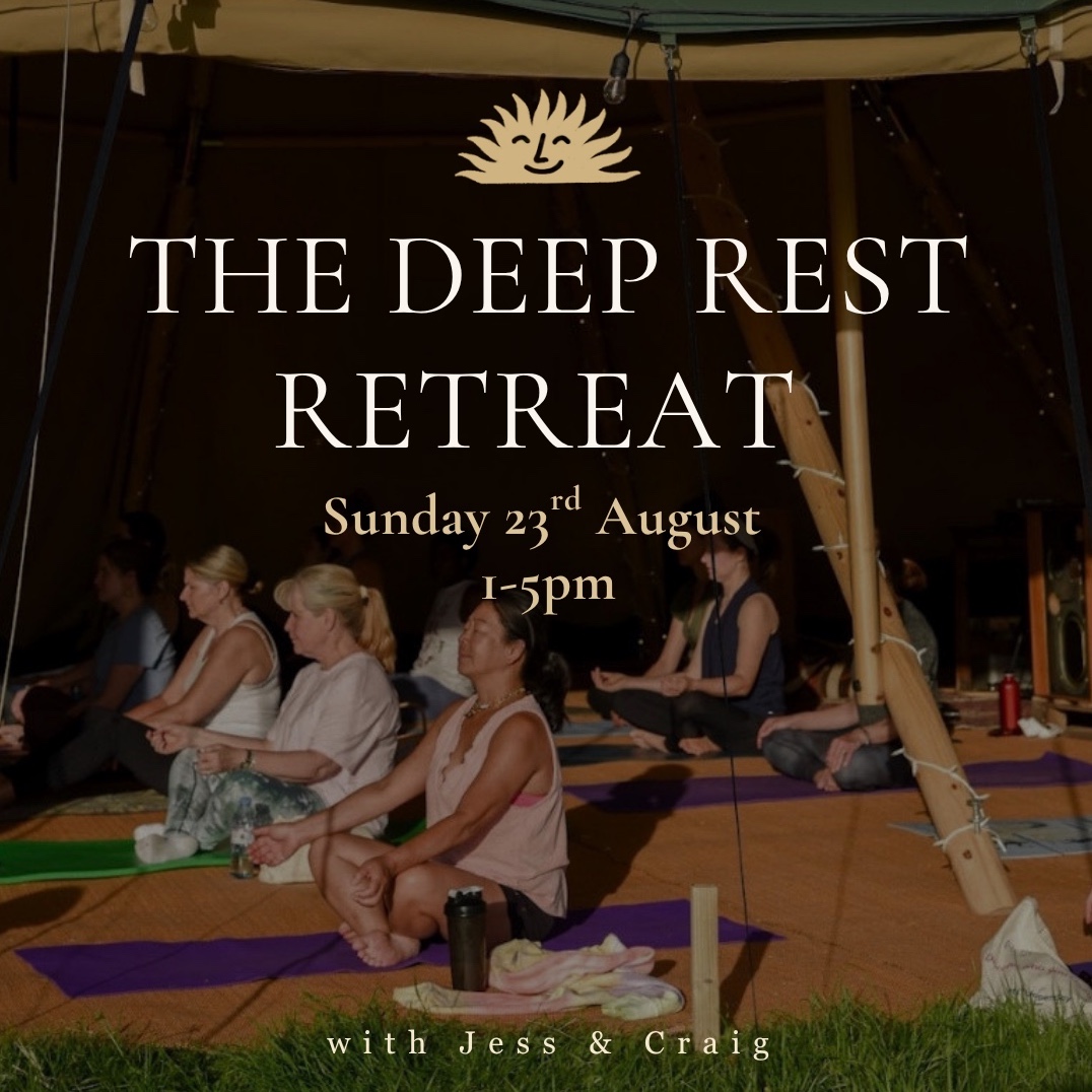a flyer sharing information about the deep rest retreat, held at lopemed farm with jess and craig on the 23rd of august 2026